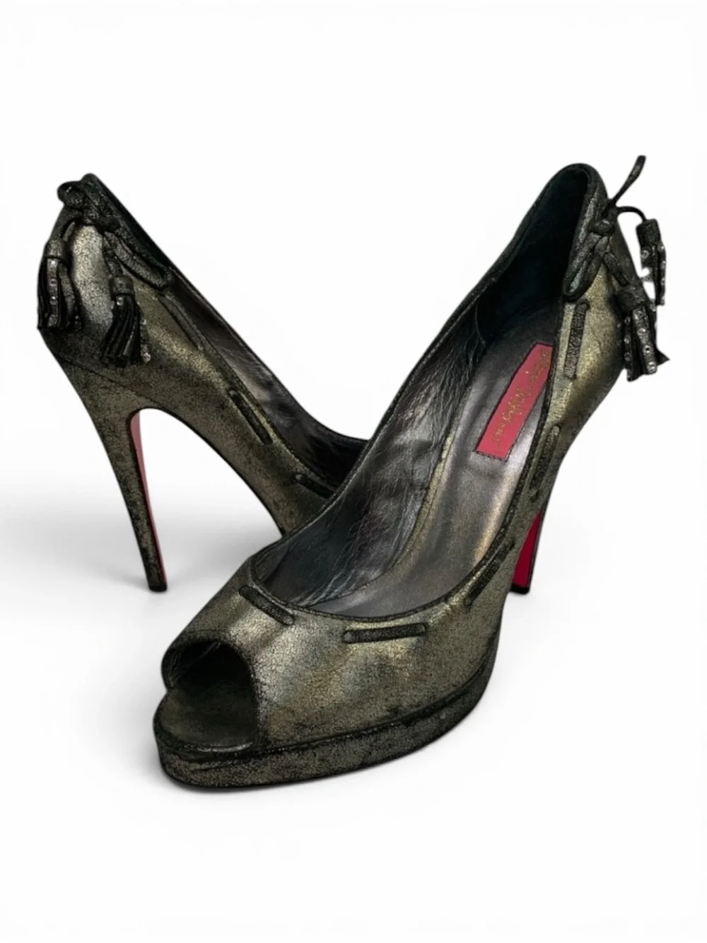 Betsey Johnson Platform Ultra High Heels Black Metallic Suede 8 Peep Toe
